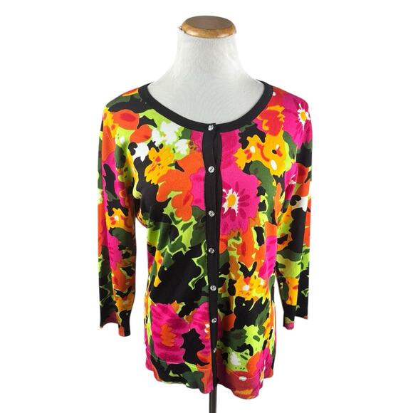 Wearable Art Floral Bright Colorful Floral Rhinestone Cardigan Peck & Peck Large - Picture 1 of 6